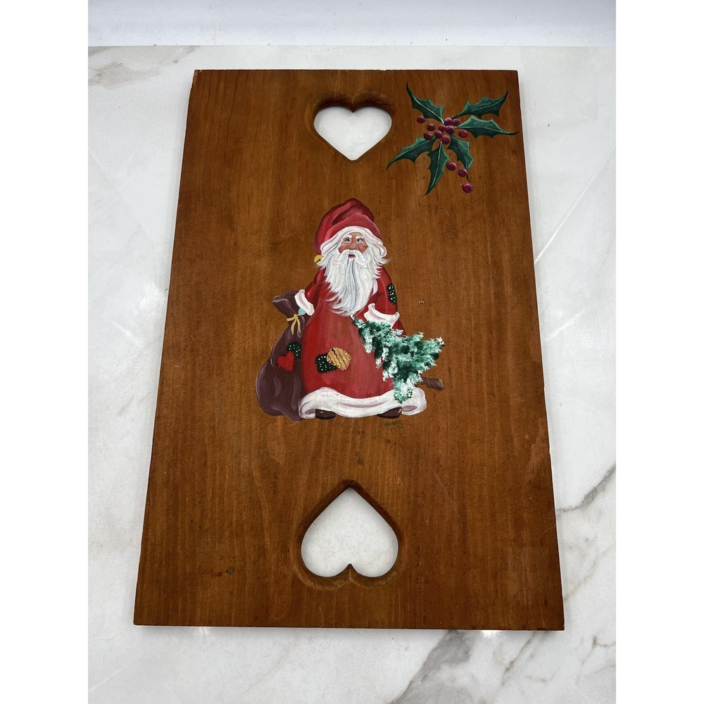 Vintage Wood Board Chess Checker Game Signed Hand Painted Santa Christmas